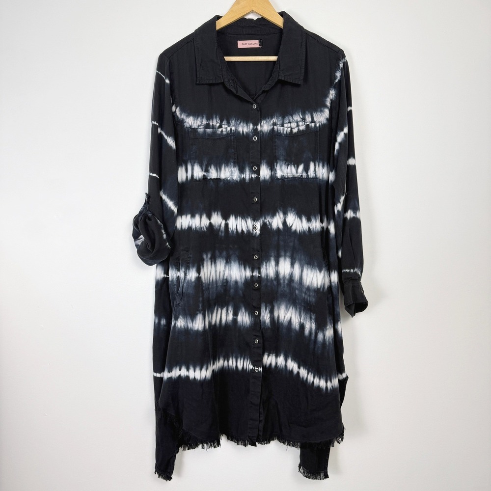 East Adeline Tie Dye Shirt Dress Womens 1X Black White Button Up Fringe Hem‎